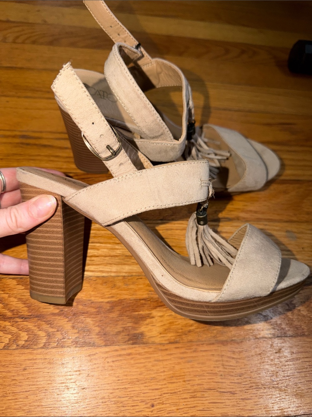 Cato Beige Suede Tassel Ankle-Strap Heels